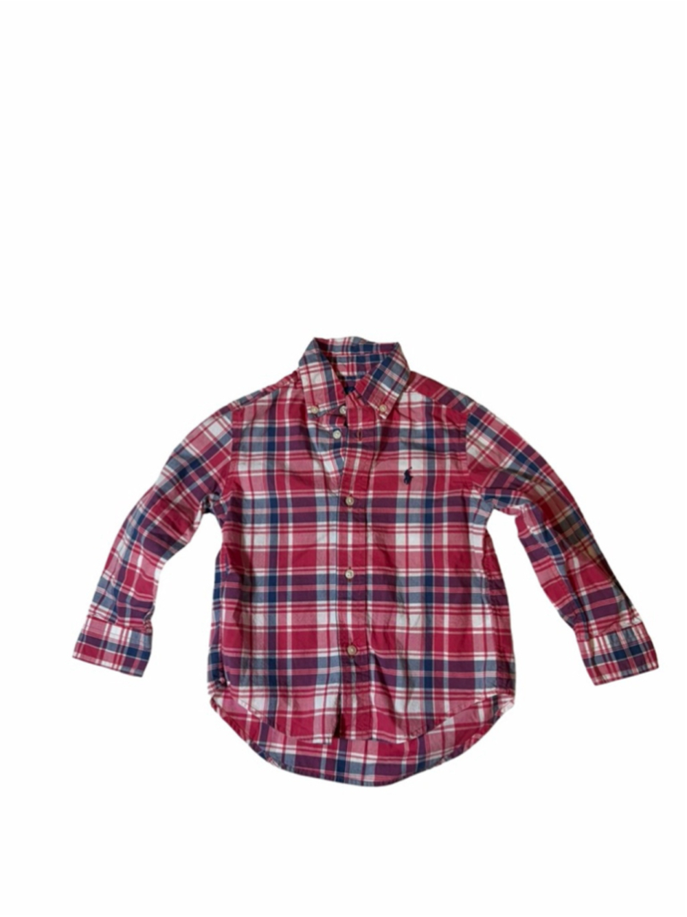 Ralph Lauren Boys Pink Navy Plaid Button Down Shirt 2/2T Natural Stretch
